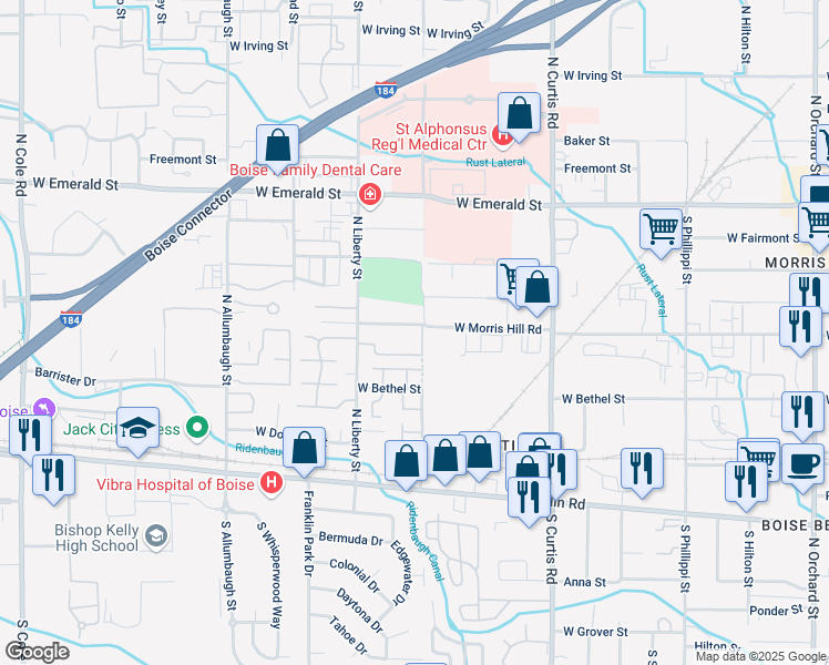 map of restaurants, bars, coffee shops, grocery stores, and more near 6255 West Morris Hill Road in Boise