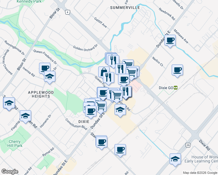 map of restaurants, bars, coffee shops, grocery stores, and more near 3045 Queen Frederica Drive in Mississauga