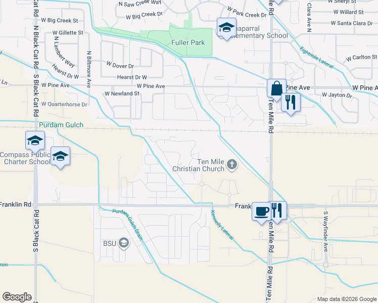 map of restaurants, bars, coffee shops, grocery stores, and more near 3725 West Pine Avenue in Meridian