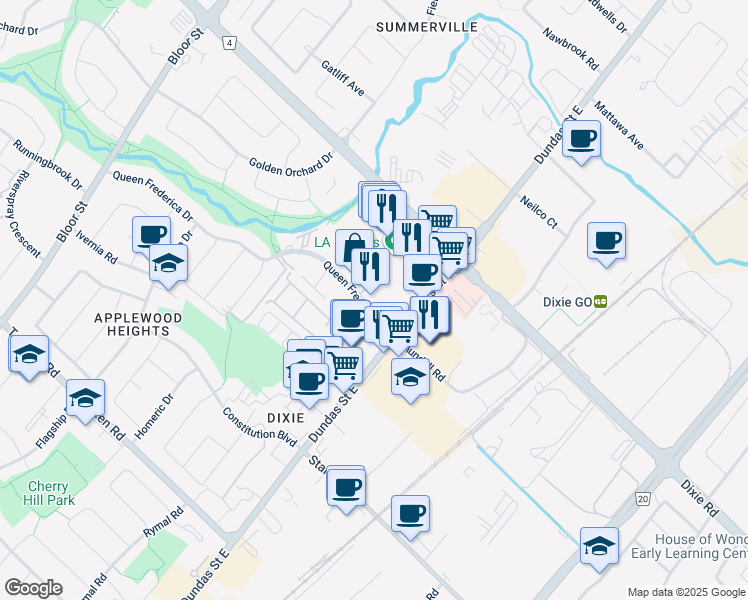 map of restaurants, bars, coffee shops, grocery stores, and more near 3045 Queen Frederica Drive in Mississauga