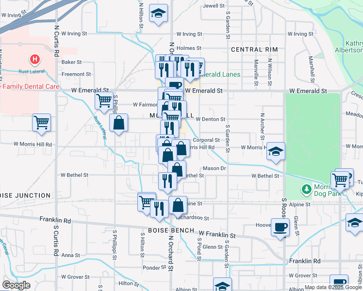 map of restaurants, bars, coffee shops, grocery stores, and more near 4948 West Morris Hill Road in Boise