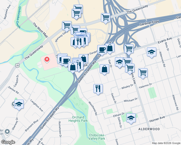 map of restaurants, bars, coffee shops, grocery stores, and more near in Toronto