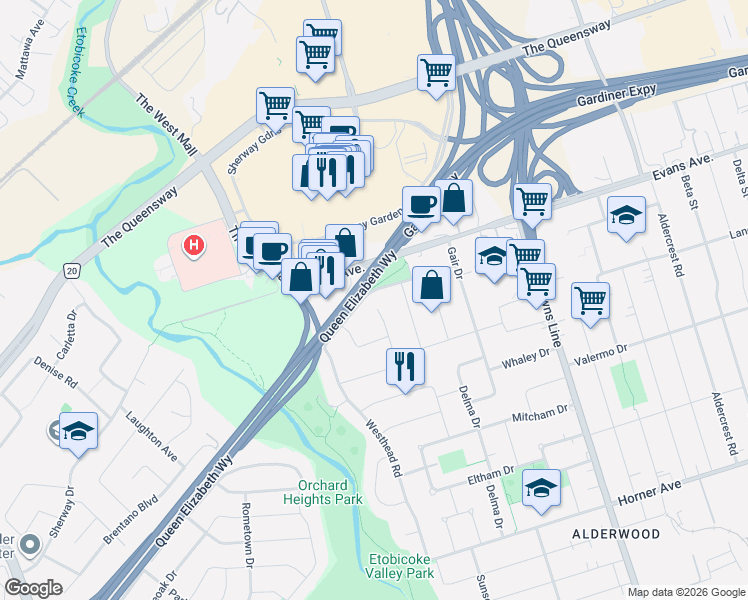 map of restaurants, bars, coffee shops, grocery stores, and more near 34 Rufford Road in Toronto