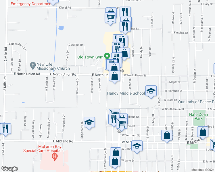 map of restaurants, bars, coffee shops, grocery stores, and more near 4551 Mocasa Court in Bay City