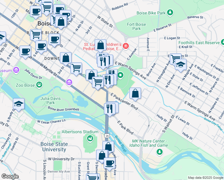 map of restaurants, bars, coffee shops, grocery stores, and more near 300 Broadway Avenue in Boise