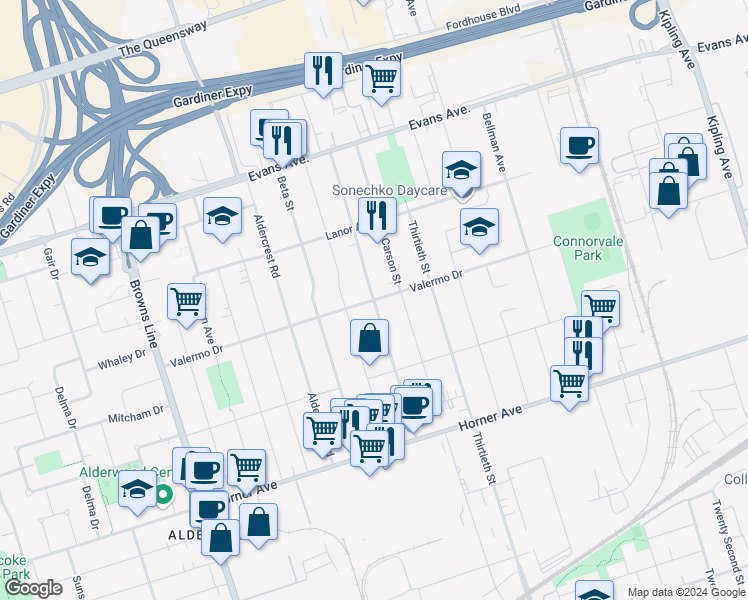 map of restaurants, bars, coffee shops, grocery stores, and more near Delta Street in Toronto