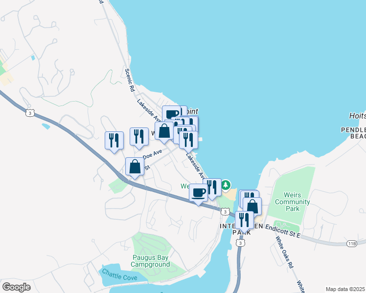 map of restaurants, bars, coffee shops, grocery stores, and more near Lakeside Avenue in Laconia