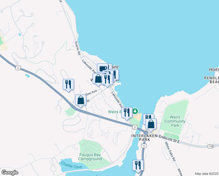 map of restaurants, bars, coffee shops, grocery stores, and more near Lakeside Avenue in Laconia