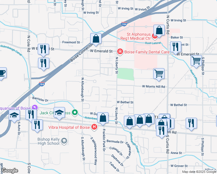map of restaurants, bars, coffee shops, grocery stores, and more near 2 Coach Royale Street in Boise