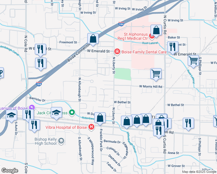 map of restaurants, bars, coffee shops, grocery stores, and more near 2 Coach Royale Street in Boise