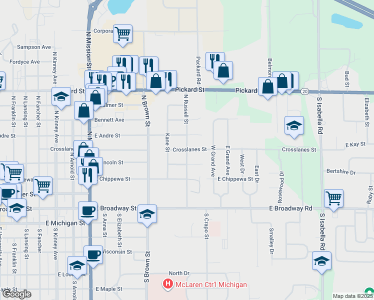 map of restaurants, bars, coffee shops, grocery stores, and more near Crosslanes Street in Mount Pleasant