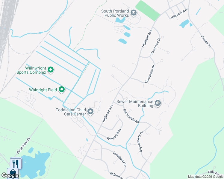 map of restaurants, bars, coffee shops, grocery stores, and more near 13 Old Bog Road in South Portland