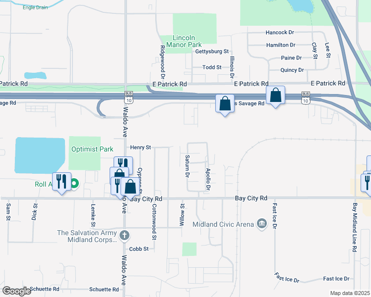 map of restaurants, bars, coffee shops, grocery stores, and more near 3783 Nuclear Court in Midland