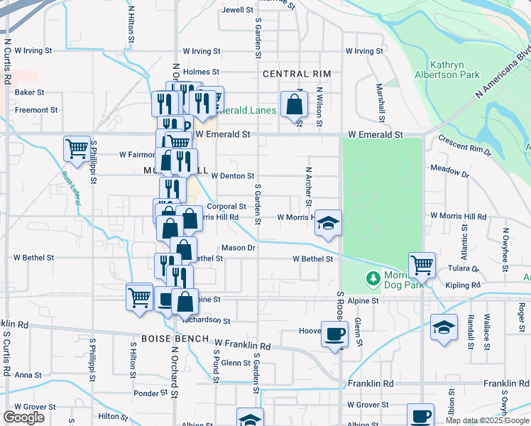 map of restaurants, bars, coffee shops, grocery stores, and more near 4521 West Morris Hill Road in Boise