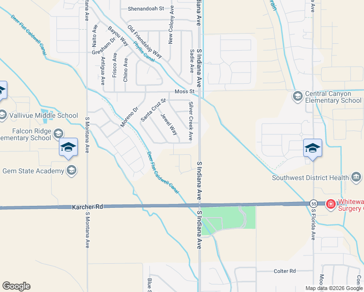 map of restaurants, bars, coffee shops, grocery stores, and more near 14081 Santa Cruz Street in Caldwell