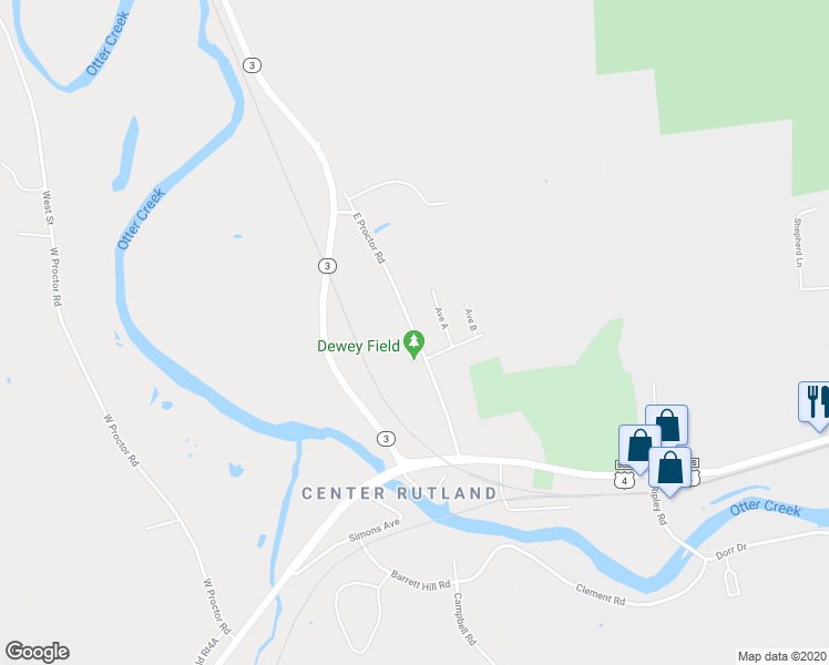 map of restaurants, bars, coffee shops, grocery stores, and more near 267 East Proctor Road in Rutland