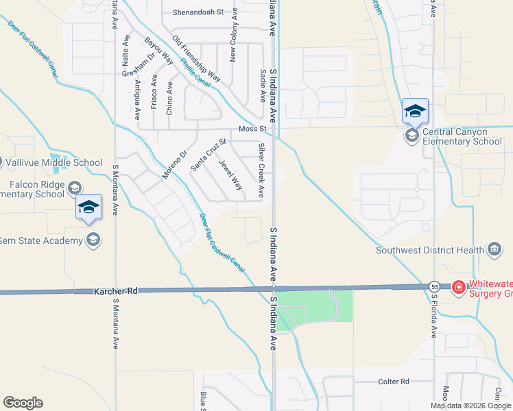 map of restaurants, bars, coffee shops, grocery stores, and more near 14081 Santa Cruz Street in Caldwell