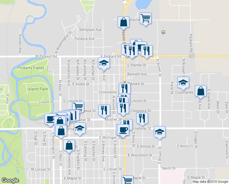 map of restaurants, bars, coffee shops, grocery stores, and more near North Arnold Street in Mount Pleasant