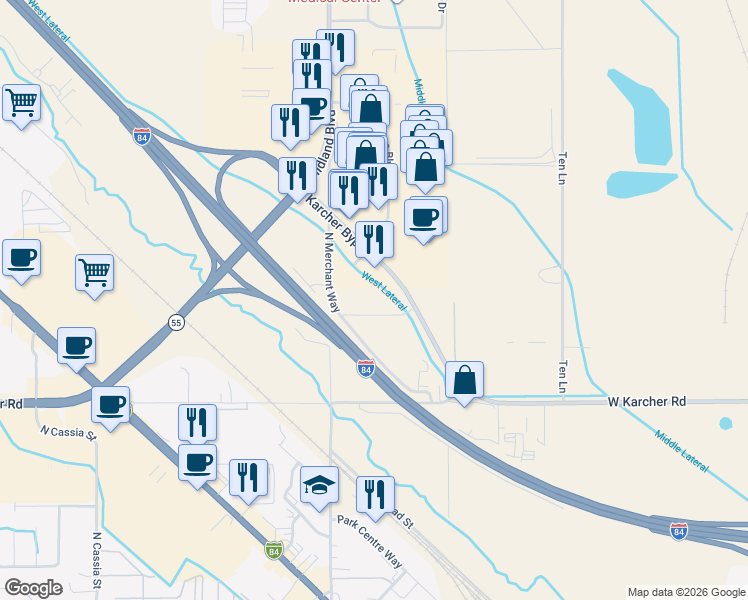 map of restaurants, bars, coffee shops, grocery stores, and more near 16174 North Merchant Way in Nampa