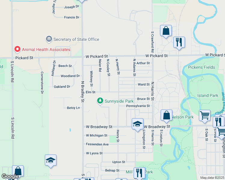 map of restaurants, bars, coffee shops, grocery stores, and more near 1408 Elm Street in Mount Pleasant