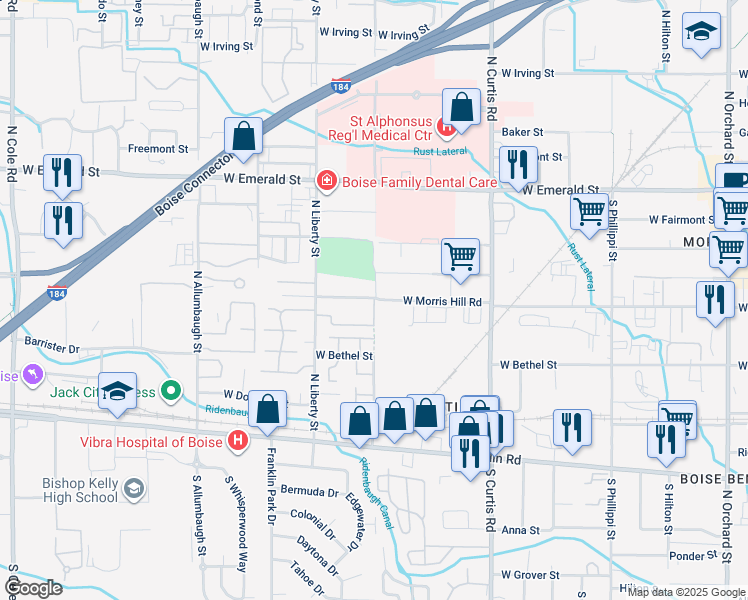 map of restaurants, bars, coffee shops, grocery stores, and more near 6255 West Morris Hill Road in Boise