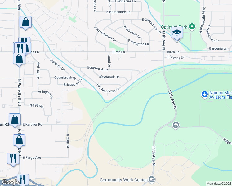 map of restaurants, bars, coffee shops, grocery stores, and more near 7337 Bay Meadows Drive in Nampa