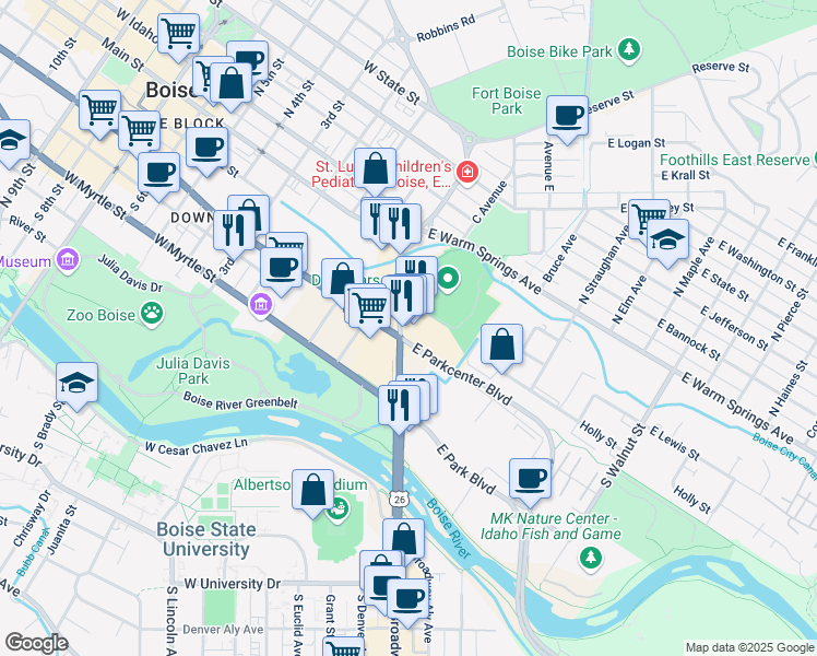 map of restaurants, bars, coffee shops, grocery stores, and more near 300 Broadway Avenue in Boise