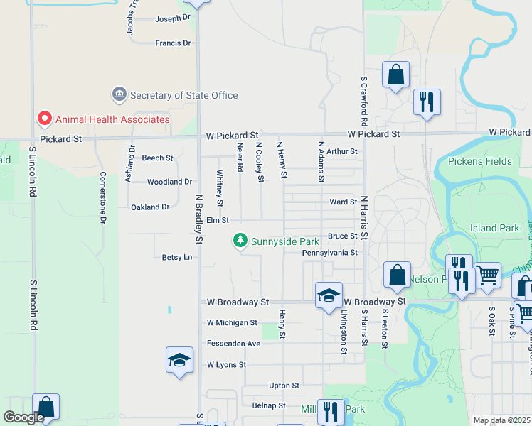 map of restaurants, bars, coffee shops, grocery stores, and more near 1408 Elm Street in Mount Pleasant