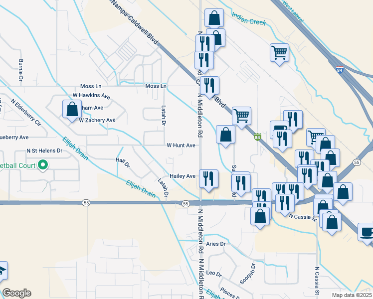 map of restaurants, bars, coffee shops, grocery stores, and more near 11063 West Hunt Avenue in Nampa