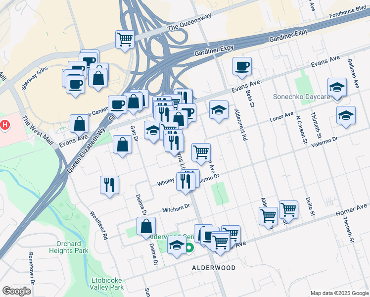 map of restaurants, bars, coffee shops, grocery stores, and more near in Toronto
