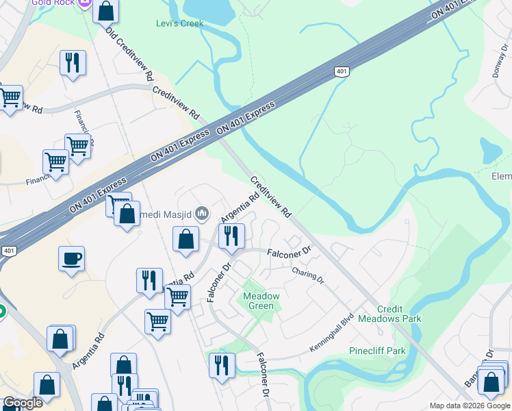 map of restaurants, bars, coffee shops, grocery stores, and more near 6650 Falconer Drive in Mississauga