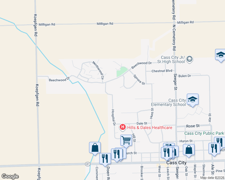 map of restaurants, bars, coffee shops, grocery stores, and more near 4790 Hospital Drive in Cass City