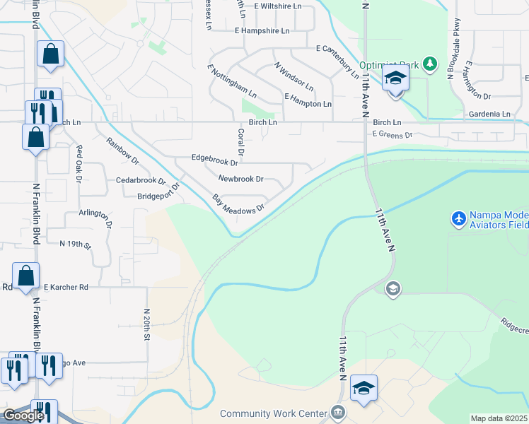map of restaurants, bars, coffee shops, grocery stores, and more near 7337 Bay Meadows Drive in Nampa