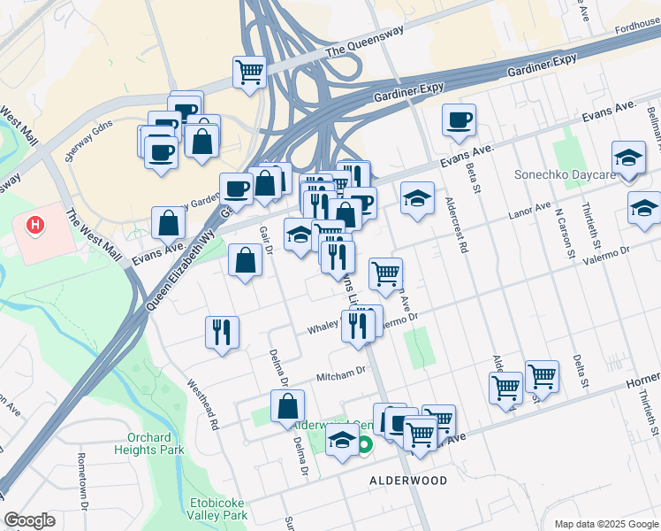 map of restaurants, bars, coffee shops, grocery stores, and more near in Toronto