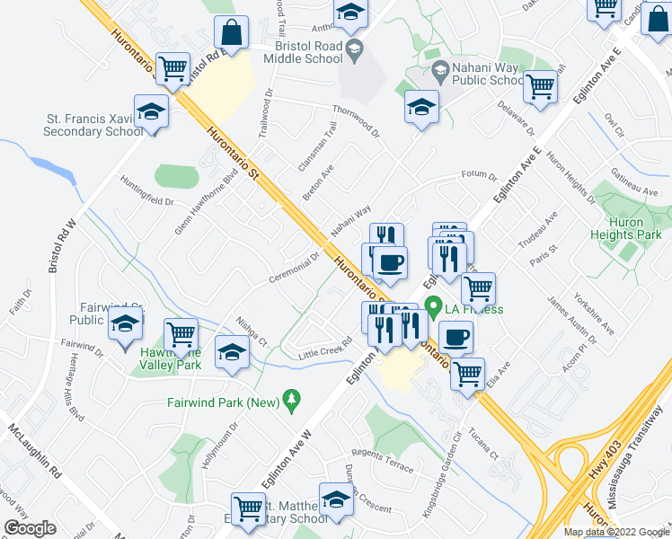 map of restaurants, bars, coffee shops, grocery stores, and more near 5072 Hurontario Street in Mississauga