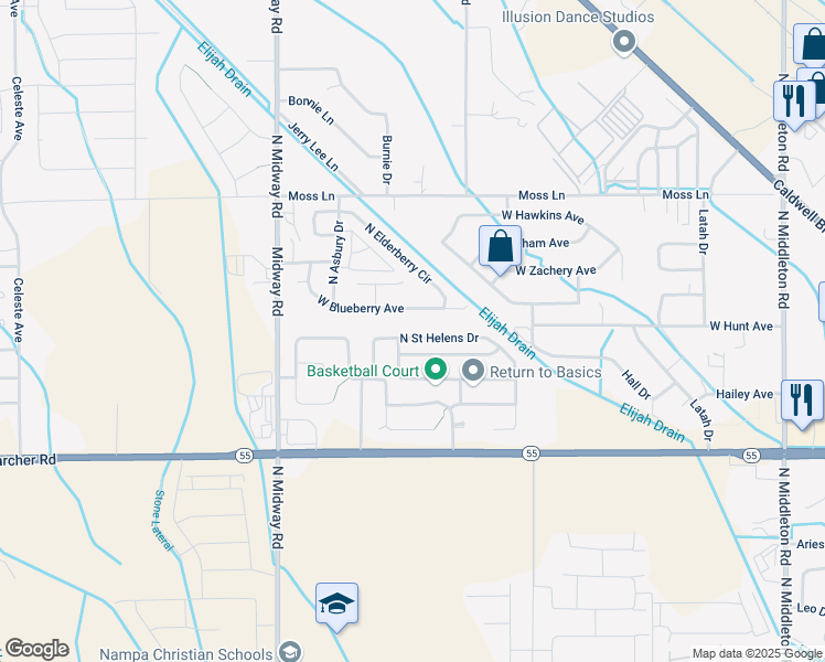 map of restaurants, bars, coffee shops, grocery stores, and more near 11732 West Trinity Avenue in Nampa