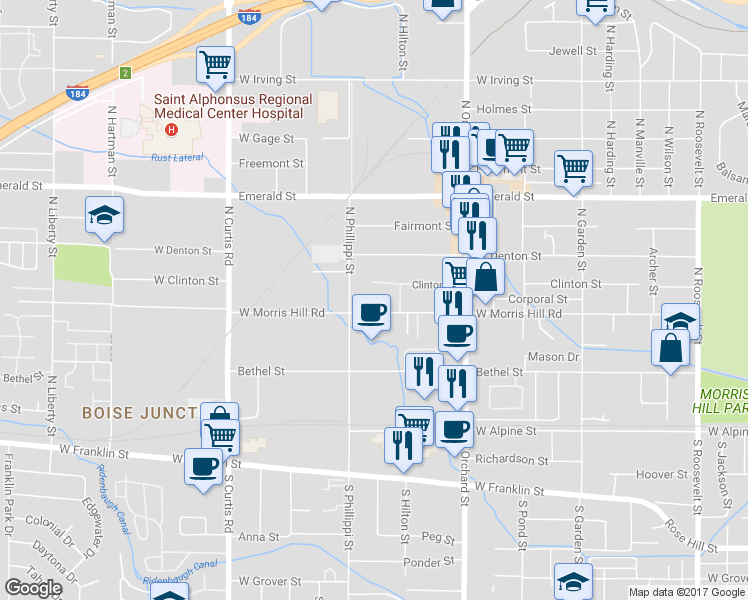 map of restaurants, bars, coffee shops, grocery stores, and more near 5207 West Morris Hill Road in Boise