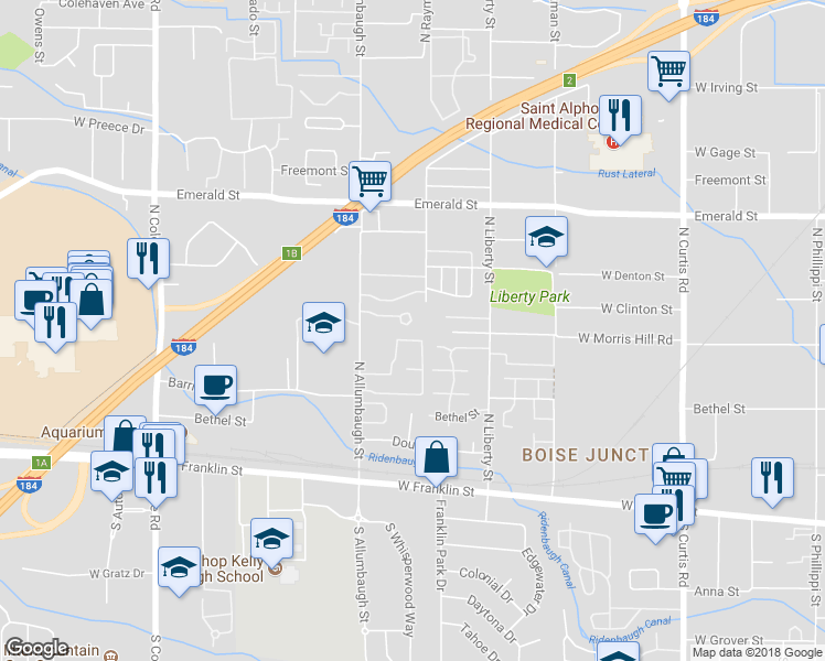 map of restaurants, bars, coffee shops, grocery stores, and more near 340 North Allumbaugh Street in Boise