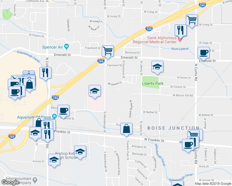 map of restaurants, bars, coffee shops, grocery stores, and more near 6715 West Morris Hill Lane in Boise