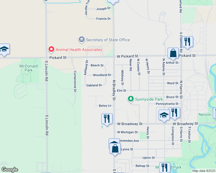 map of restaurants, bars, coffee shops, grocery stores, and more near 409 N Bradley Rd in Mt Pleasant