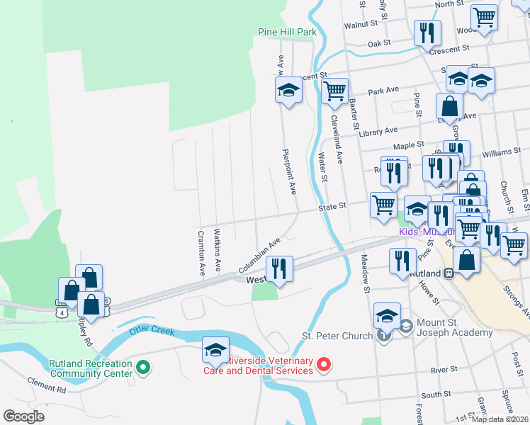 map of restaurants, bars, coffee shops, grocery stores, and more near 214 State Street in Rutland