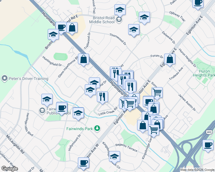 map of restaurants, bars, coffee shops, grocery stores, and more near 20 Ceremonial Drive in Mississauga