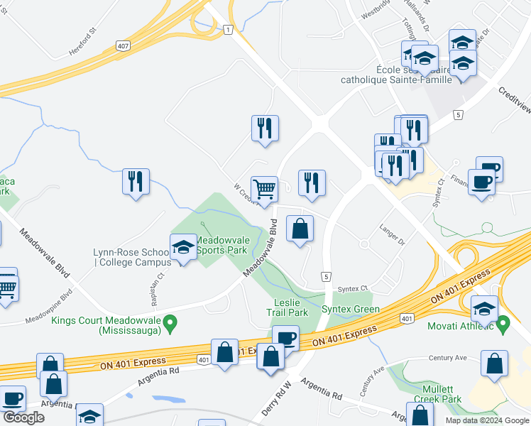 map of restaurants, bars, coffee shops, grocery stores, and more near 7200 West Credit Avenue in Mississauga