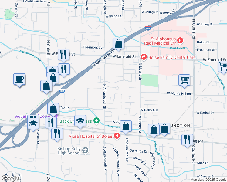 map of restaurants, bars, coffee shops, grocery stores, and more near 6715 West Morris Hill Lane in Boise