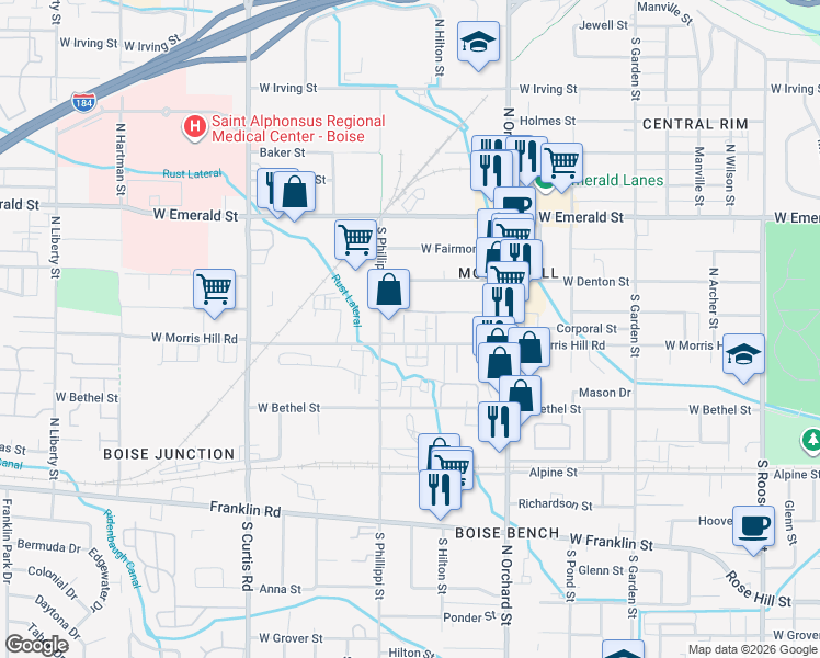 map of restaurants, bars, coffee shops, grocery stores, and more near 5306 West Morris Hill Road in Boise