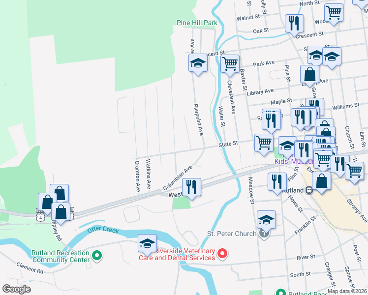 map of restaurants, bars, coffee shops, grocery stores, and more near 214 State Street in Rutland