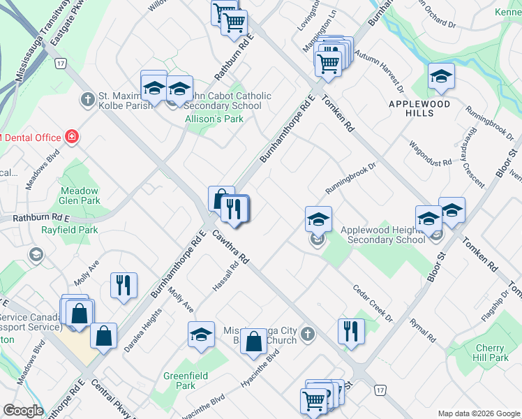 map of restaurants, bars, coffee shops, grocery stores, and more near 768 Annamore Road in Mississauga