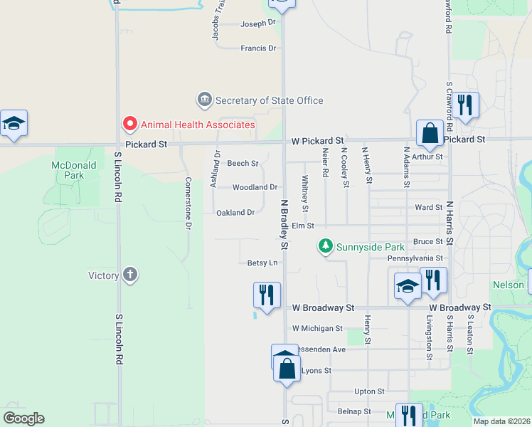 map of restaurants, bars, coffee shops, grocery stores, and more near 801-1909 Oakland Drive in Mount Pleasant