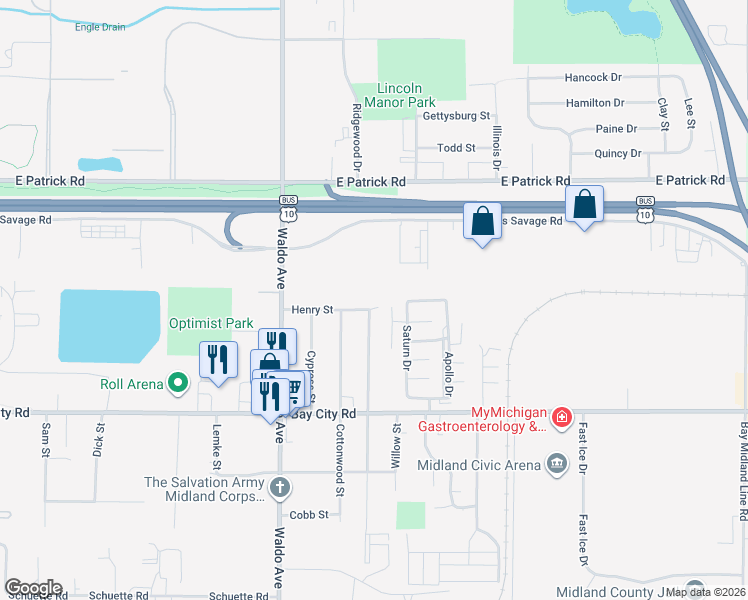 map of restaurants, bars, coffee shops, grocery stores, and more near 3601 Henry Street in Midland