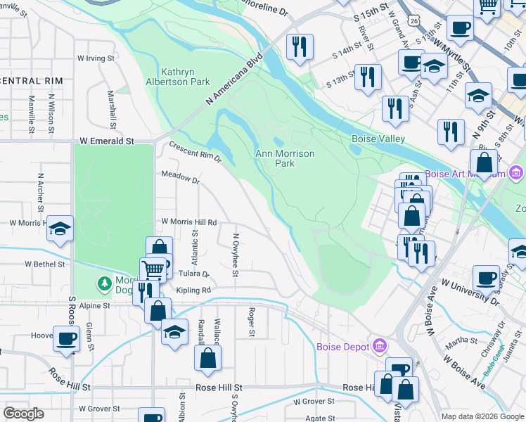 map of restaurants, bars, coffee shops, grocery stores, and more near 3224 Crescent Rim Drive in Boise